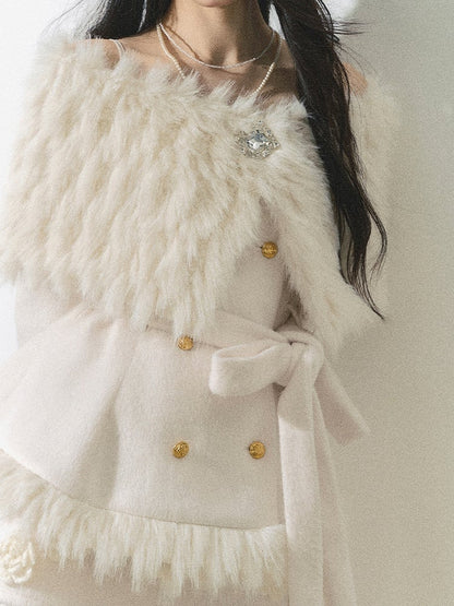 ChristmasRed/White Elegant Off-the-shoulder Neckline Coat Detachable Plush Shawl