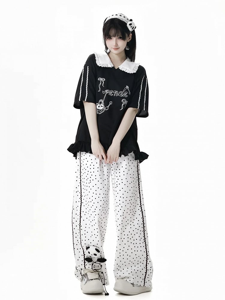 White Polka-Dot Pattern Cotton Straight-Leg Pants with Panda Plushie