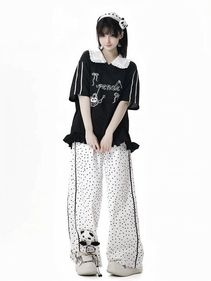 White Polka-Dot Pattern Cotton Straight-Leg Pants with Panda Plushie