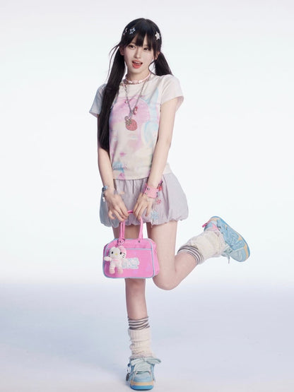 Embroidery Mini Bubble Skirt Pattern White Striped Letter