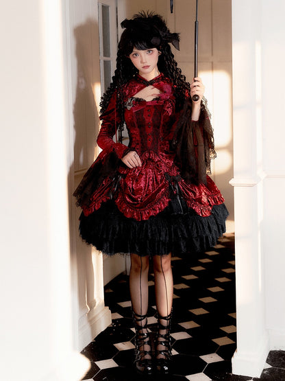 Red Detachable Long Bell Sleeves Snake Bones Velvet Top