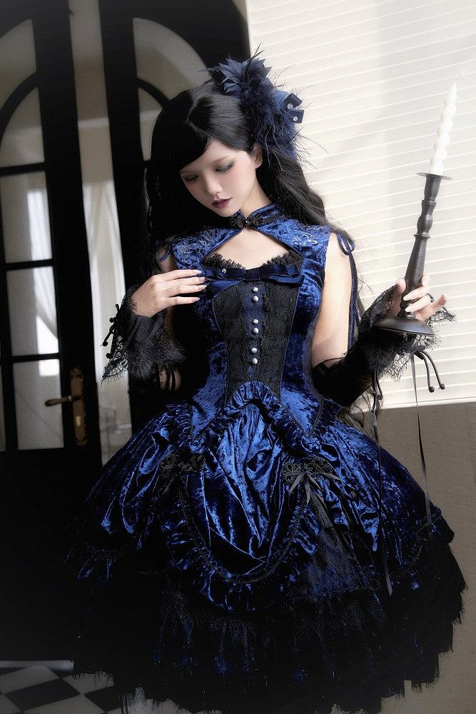 Dark Blue Cheongsam Collar Snake Bones Embroidery Velvet Sleeveless Top