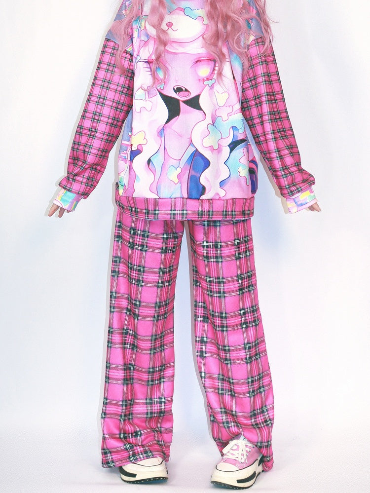Version Pattern Rose Plaid Wide-leg Pants Gyaru Red Fashion Thicken Cut