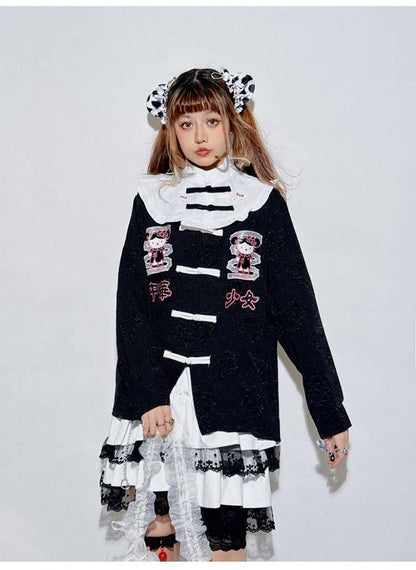 Black/Blue Long Sleeves Kitty Banded Collar Jirai Kei Top