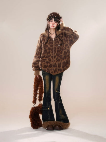 Brown Leopard Thick Hooded Zip Jacket