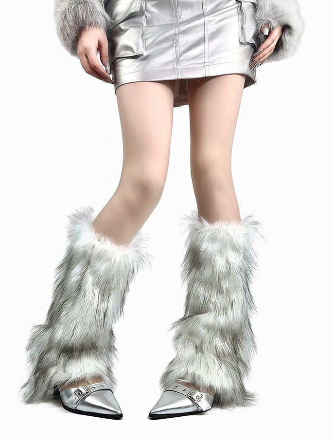 White/Brown Y2K Shaggy Leg Warmers