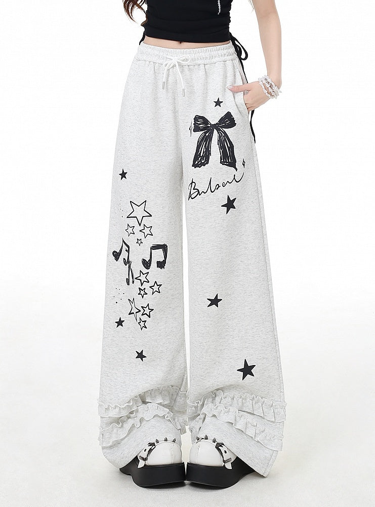 Wide-Leg Pants Black/Light Gray Bow and Star Print Vintage