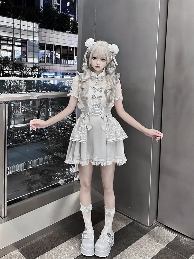 Hairclips Grey Bowknot Kei White Ruffled Trim Jirai Lace