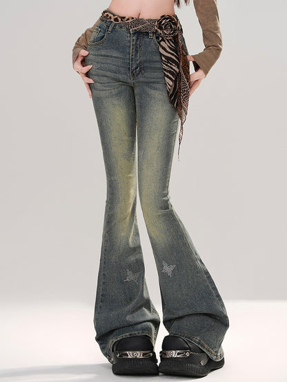 Denim Blue Rhinestone Butterflies Adorned Faded Wash Fishtail Jeans