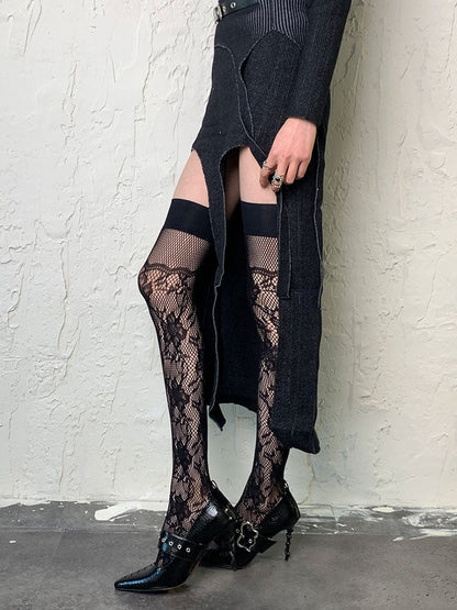 Black Hollow-out Floral Pattern Overknee Stockings