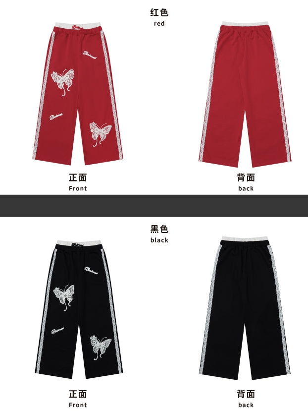 Black/Red Lace Butterflies Straight-leg Cut Pants Lace Trim