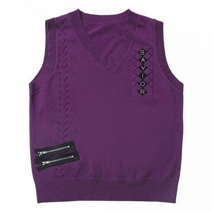 Spring Knitted Vest Zipper Details Style Purple V-neck Preppy