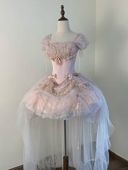 Sleeves Layered Outfit Top Corset Balletcore Ruffle Pink Boned Puff Princess Lolita + Skirt