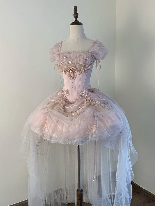 Sleeves Layered Outfit Top Corset Balletcore Ruffle Pink Boned Puff Princess Lolita + Skirt