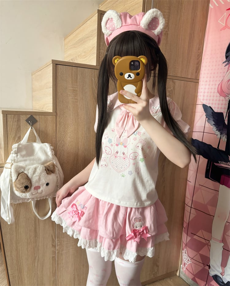 Tie T-Shirt Ears Heart Bunny Pink  White Peter Pan Collar Bunny