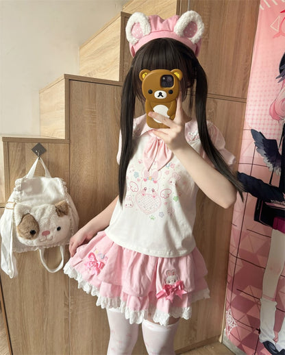 Tie T-Shirt Ears Heart Bunny Pink  White Peter Pan Collar Bunny