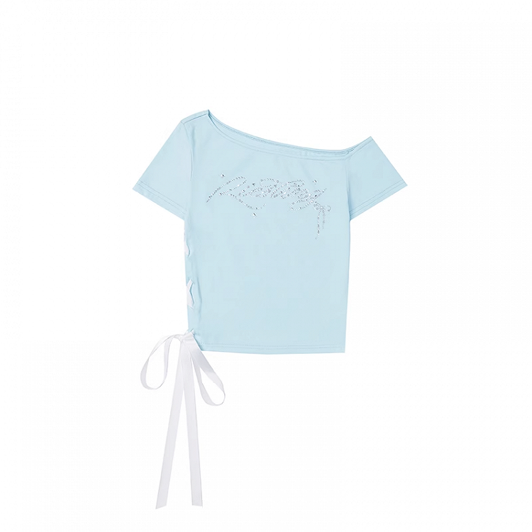 Mint Blue Asymmetrical Neckline Lace-up Rhinestone Letter T-Shirt Side