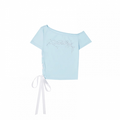 Mint Blue Asymmetrical Neckline Lace-up Rhinestone Letter T-Shirt Side