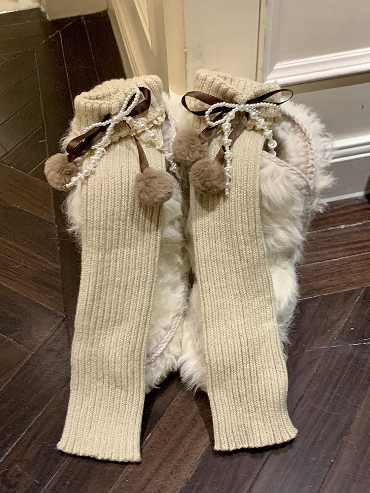 Black/Khaki/Milk White Bowknot Lace Trim Leg Warmers With Pompons