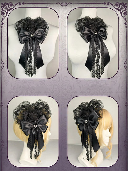蝶結びのロリータハート型黒ヘアクリップゴシックフローラル