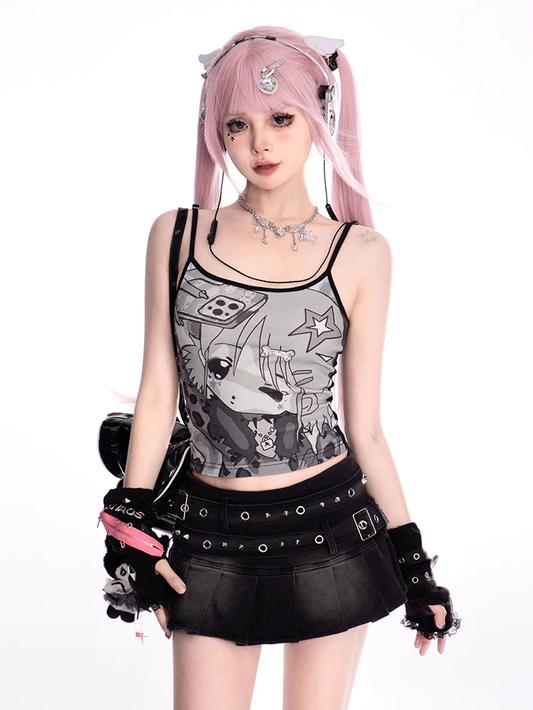 Y2K Cartoon Print Black Scoop Neckline Slim-fitting Cami Top