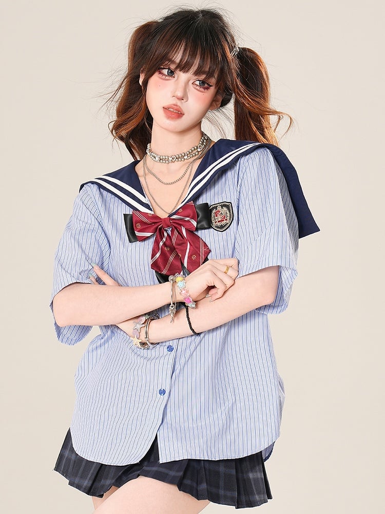 Collar Blue Pattern Bow Daily Sailor With Striped Kawaii Shirt