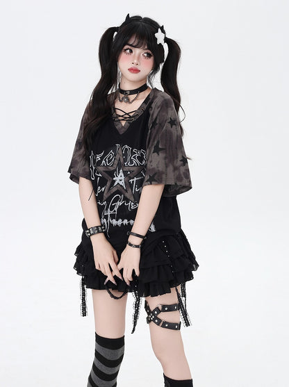 Design Lace-up V-Neck Star T-Shirt Loose Black Colorblock Print