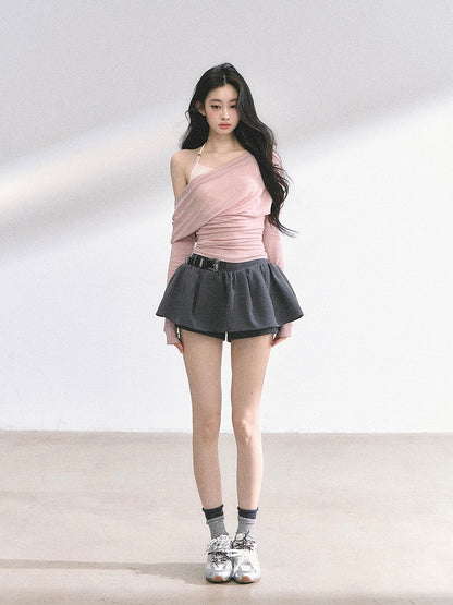 Pink/Khaki Asymmetrical Neckline Top Faux Two-pieces