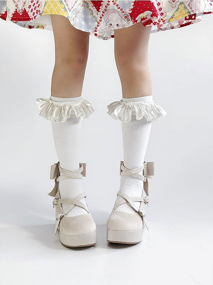 Platforms Crisscross Velvet Toe Round Sweet Bow Design - Wedge Beige Lolita Accent
