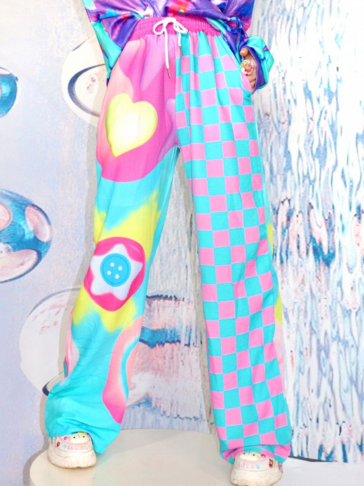 Star Print Heart Pants Cut Colorful Pattern Checked And Y2K Wide-leg