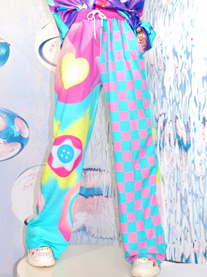 Star Print Heart Pants Cut Colorful Pattern Checked And Y2K Wide-leg