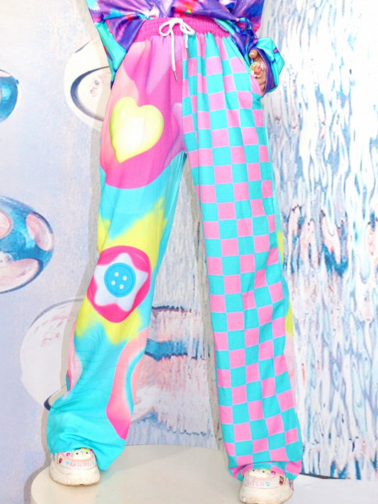 Star Print Heart Pants Cut Colorful Pattern Checked And Y2K Wide-leg