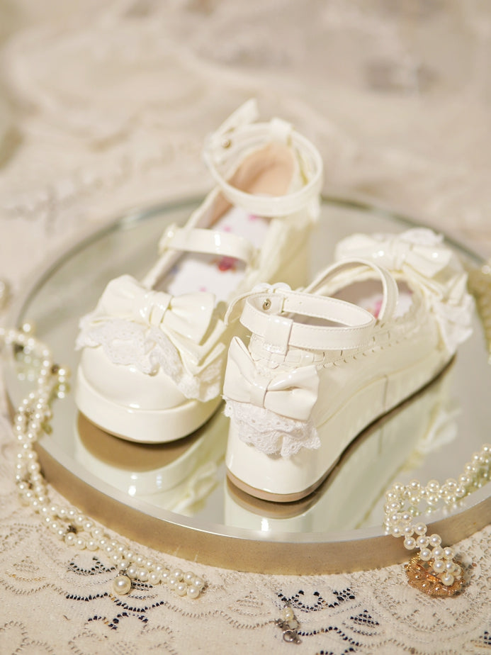 White Bow Milky Buckles at Platforms Lace Trim Top Heart