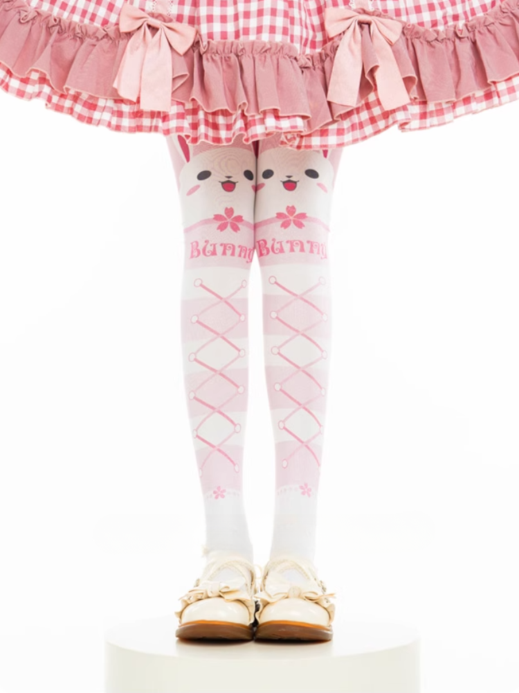 Bas au-dessus du genou à bandes entrecroisées et motif lapin rose