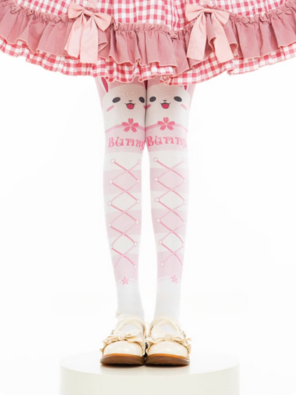 Bas au-dessus du genou à bandes entrecroisées et motif lapin rose