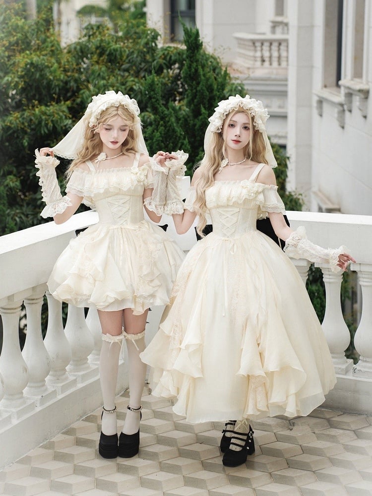 Boned Dress Skirt Cascading Beige Ruffle Classic Version Short Basque Set Waist Lolita Full