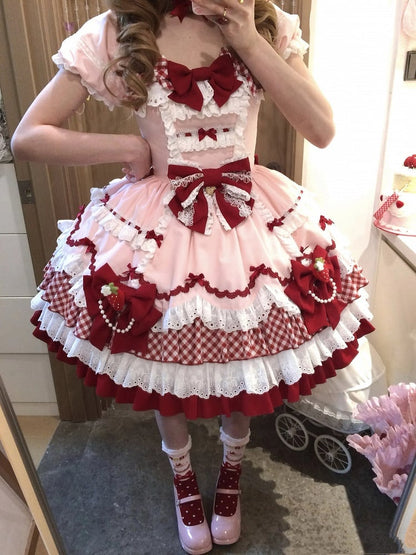 Pink and Red Strawberry Bowknots Decorated Tiered Skirt Sweet Lolita Dress