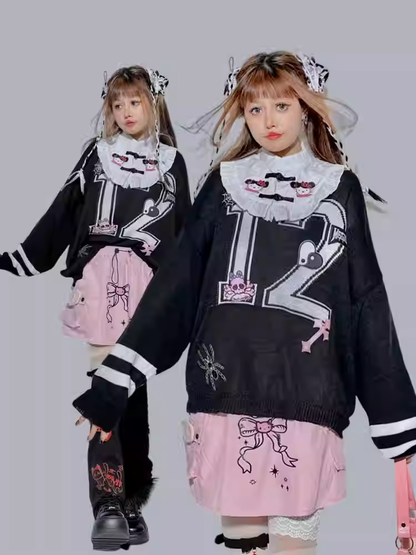 Black Kitty Spiderand Cross Skeleton Appliques Oversized Top