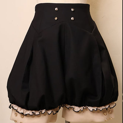 Schwarzes und rotes Ouji Fashion Preppy Style Komplettset - Beiges Hemd + Rote Weste + High Waist Knickerbocker Shorts + Schal + Accessoires