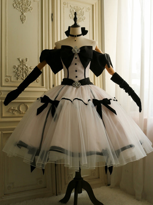 Robe Lolita en tulle rose élégante avec gros nœud et décolleté à épaules dénudées