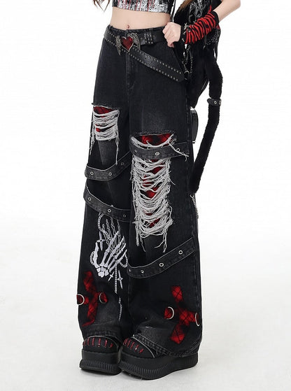 Grey/Red Plaid Punk Wide-leg Holes Faded Vintage Wash Distressed Jeans