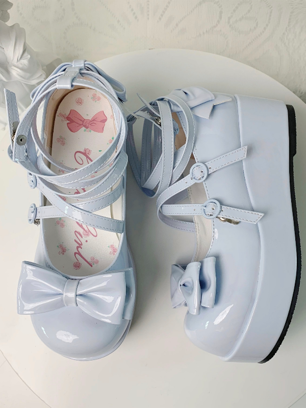 Light Blue Bowknot Buckle Straps Round Toe Platform Lolita Shoes