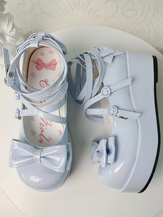 Light Blue Bowknot Buckle Straps Round Toe Platform Lolita Shoes