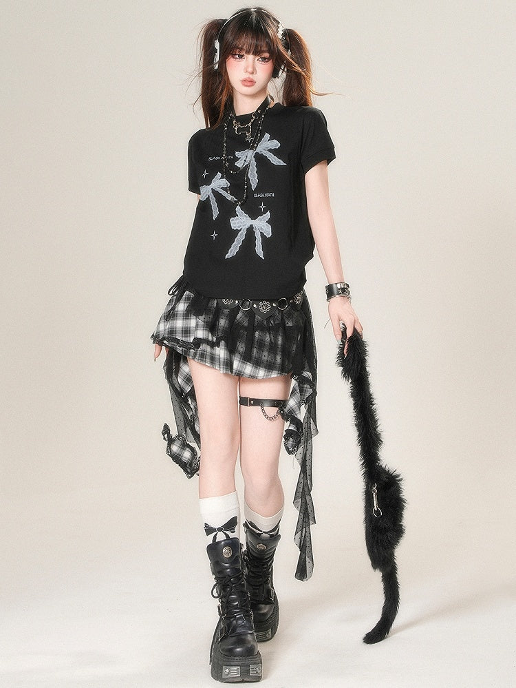 White/Black Daily Print Bowknot Kawaii T-shirt