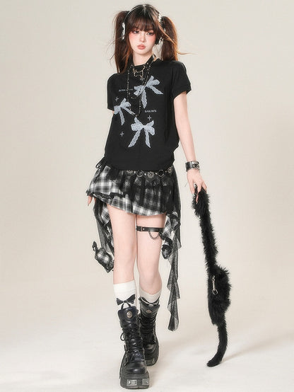 White/Black Daily Print Bowknot Kawaii T-shirt