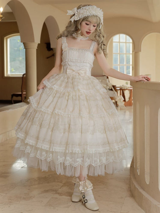 Cream Tiered Print Skirt Jumper Beads Lolita Neckline
