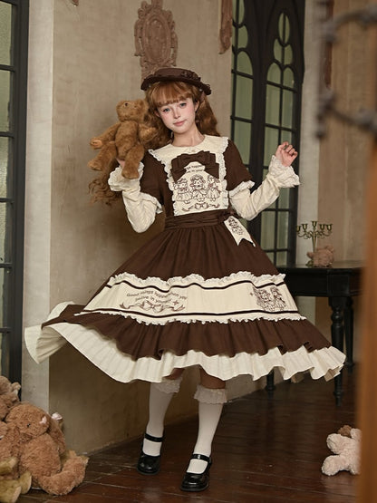 Embroidery Lamb Pan Lolita Bunny and Dress Brown with Beige Peter Collar