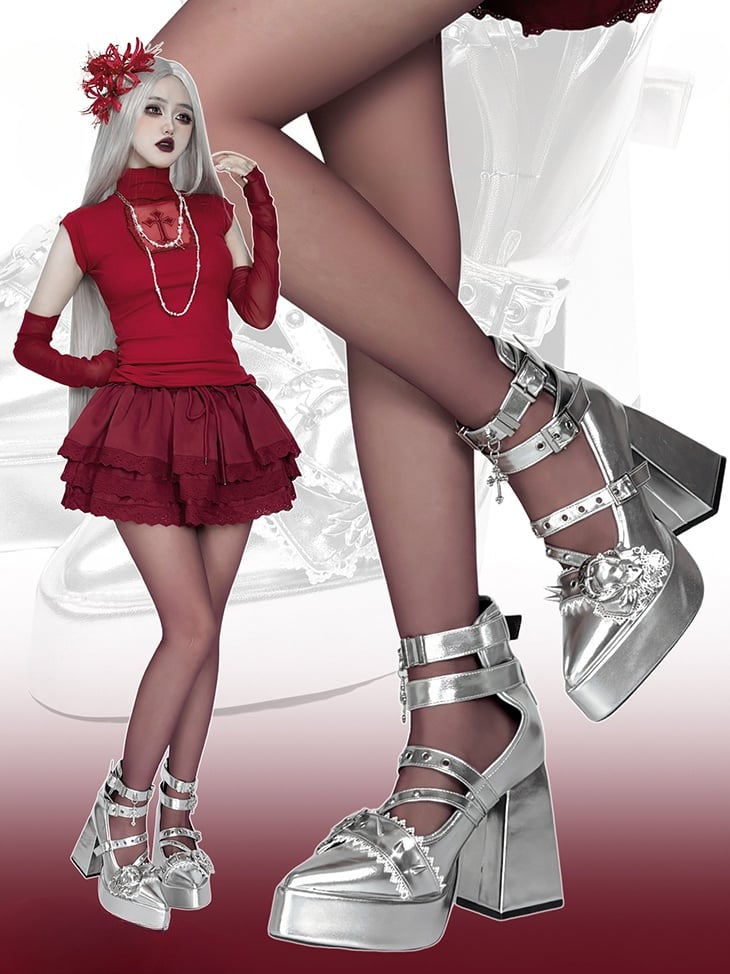 Gothic Silver Cross Heart Buckle Straps Stud Platform High Block Heels