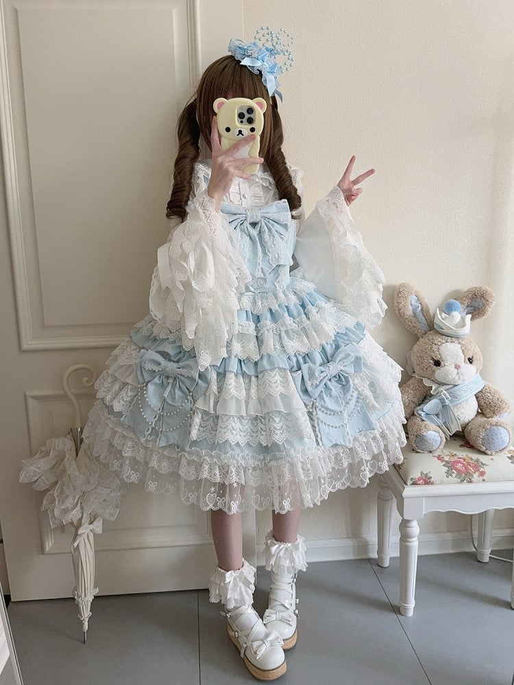 Lolita Skirt Dress Big Bows Decoration Hanayome Blue Tiered