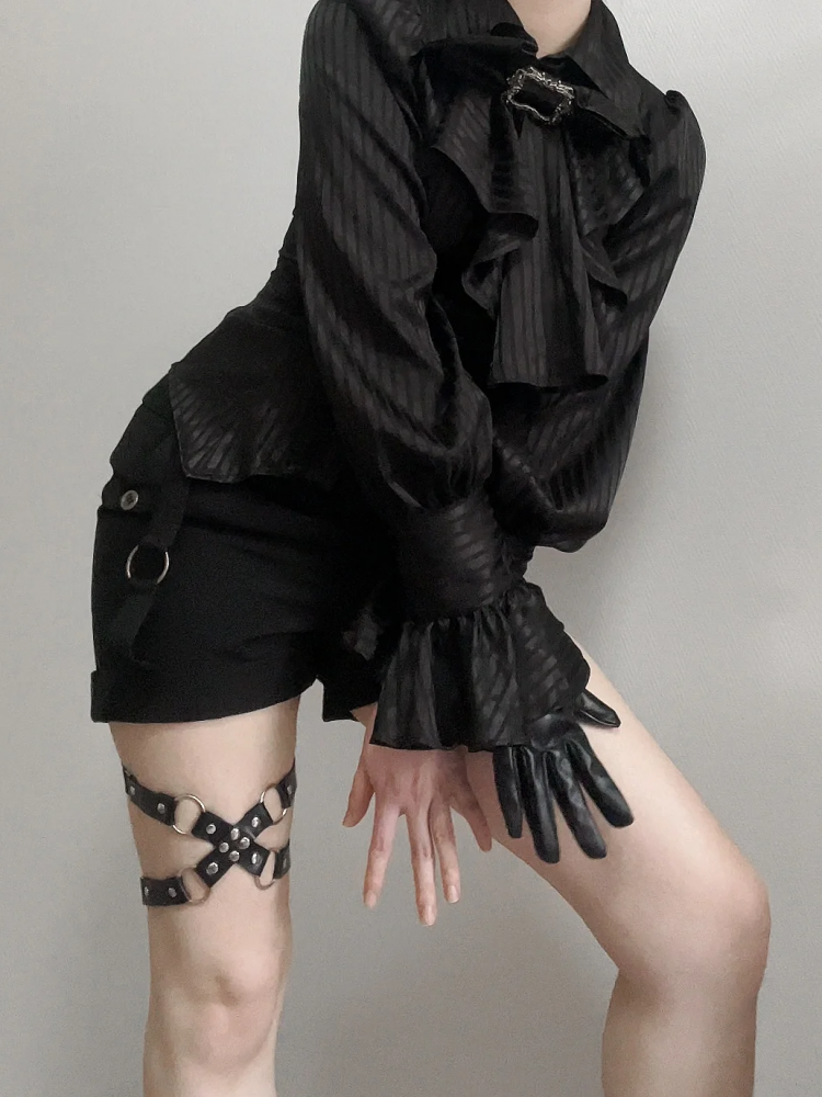 Black Ouji Lolita Long Sleeves Shirt with Jabot Bowtie